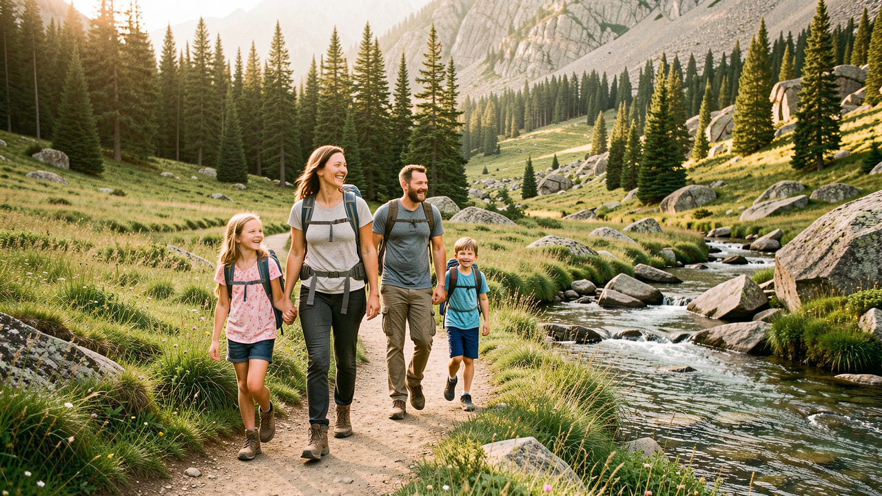 Une famille composée d’une femme, d’un homme, d’une fille et d’un garçon marche sur un sentier de randonnée à travers les paysages verdoyants de la Margeride.