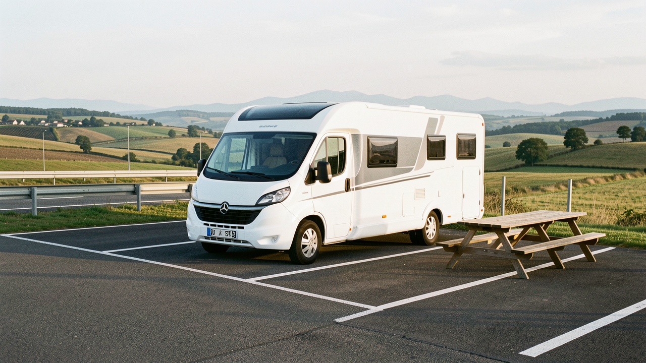 Un camping-car blanc stationné proprement dans une aire de repos aménagée près de Saint-Chély-d’Apcher, avec les paysages vallonnés de l’Aubrac en arrière-plan.