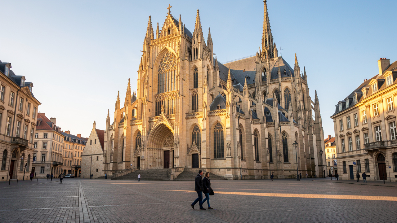 Vue réaliste de la cathédrale Saint-Étienne de Metz depuis la place d’Armes, avec sa façade gothique en pierre de Jaumont éclairée par une lumière dorée de fin de matinée et quelques passants discrets.