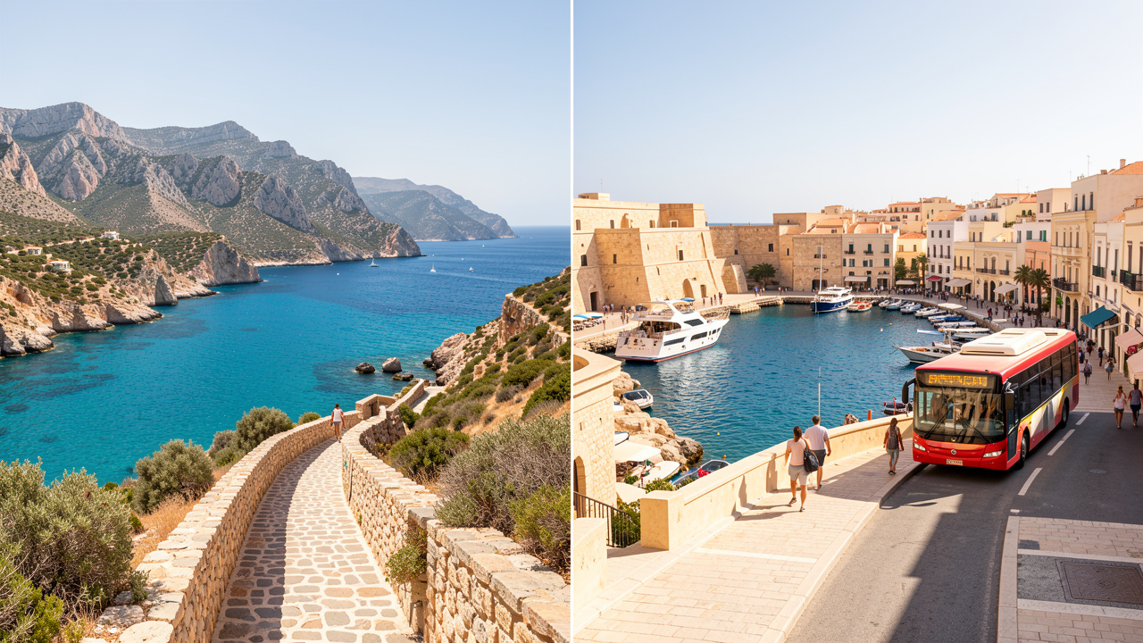 Vue panoramique comparant Majorque et Malte, avec une crique turquoise, des montagnes, un sentier côtier, un port bordé de bâtiments en pierre dorée et des transports publics adaptés à un séjour sans voiture.