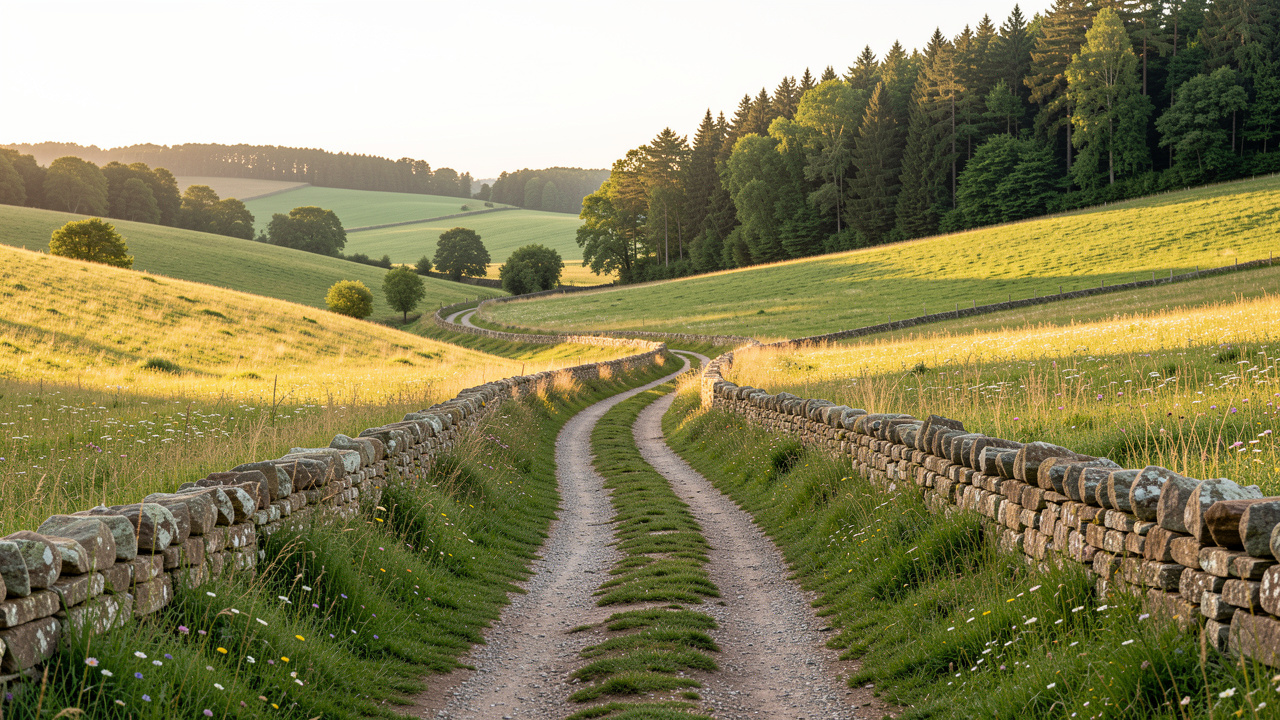 Un sentier paisible serpente entre collines verdoyantes, murets de pierre, prairies fleuries et lisière de forêt dans le Gévaudan.