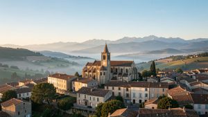 Vue panoramique réaliste de Saint-Bertrand-de-Comminges au lever du jour, avec sa cathédrale en pierre, les collines du Comminges et une douce lumière matinale.