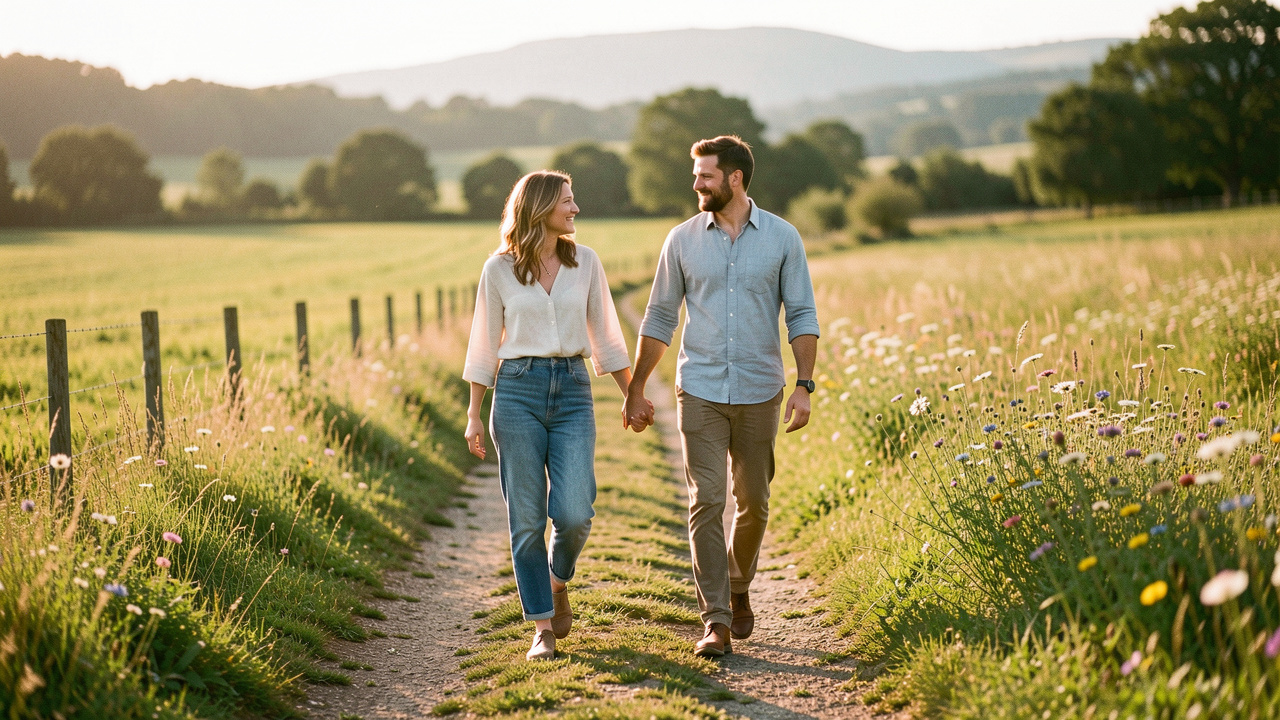 Un homme et une femme marchent main dans la main sur un chemin paisible au cœur des paysages verdoyants de la Margeride.