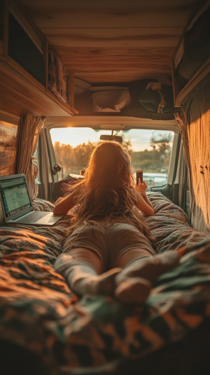 Lit aménagé à l’arrière d’une voiture pour dormir sur la route
