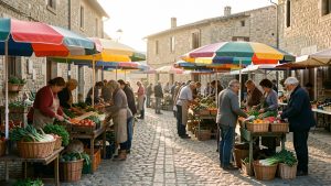 Marché de plein air en Occitanie au petit matin, avec des producteurs sous des parasols colorés, des paniers de légumes et une ancienne place de village en pierre baignée de lumière douce.