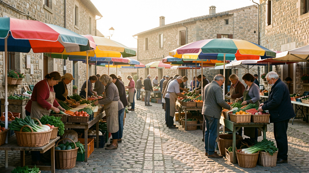 Marché de plein air en Occitanie au petit matin, avec des producteurs sous des parasols colorés, des paniers de légumes et une ancienne place de village en pierre baignée de lumière douce.