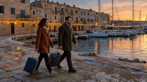 Vue hivernale réaliste d’un port méditerranéen au coucher du soleil, avec une femme et un homme portant des bagages cabine, des bateaux, des bâtiments en pierre et de discrètes guirlandes lumineuses.