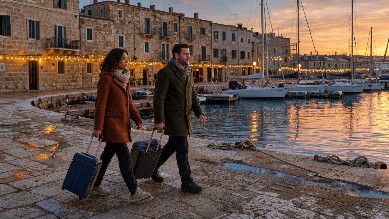Vue hivernale réaliste d’un port méditerranéen au coucher du soleil, avec une femme et un homme portant des bagages cabine, des bateaux, des bâtiments en pierre et de discrètes guirlandes lumineuses.