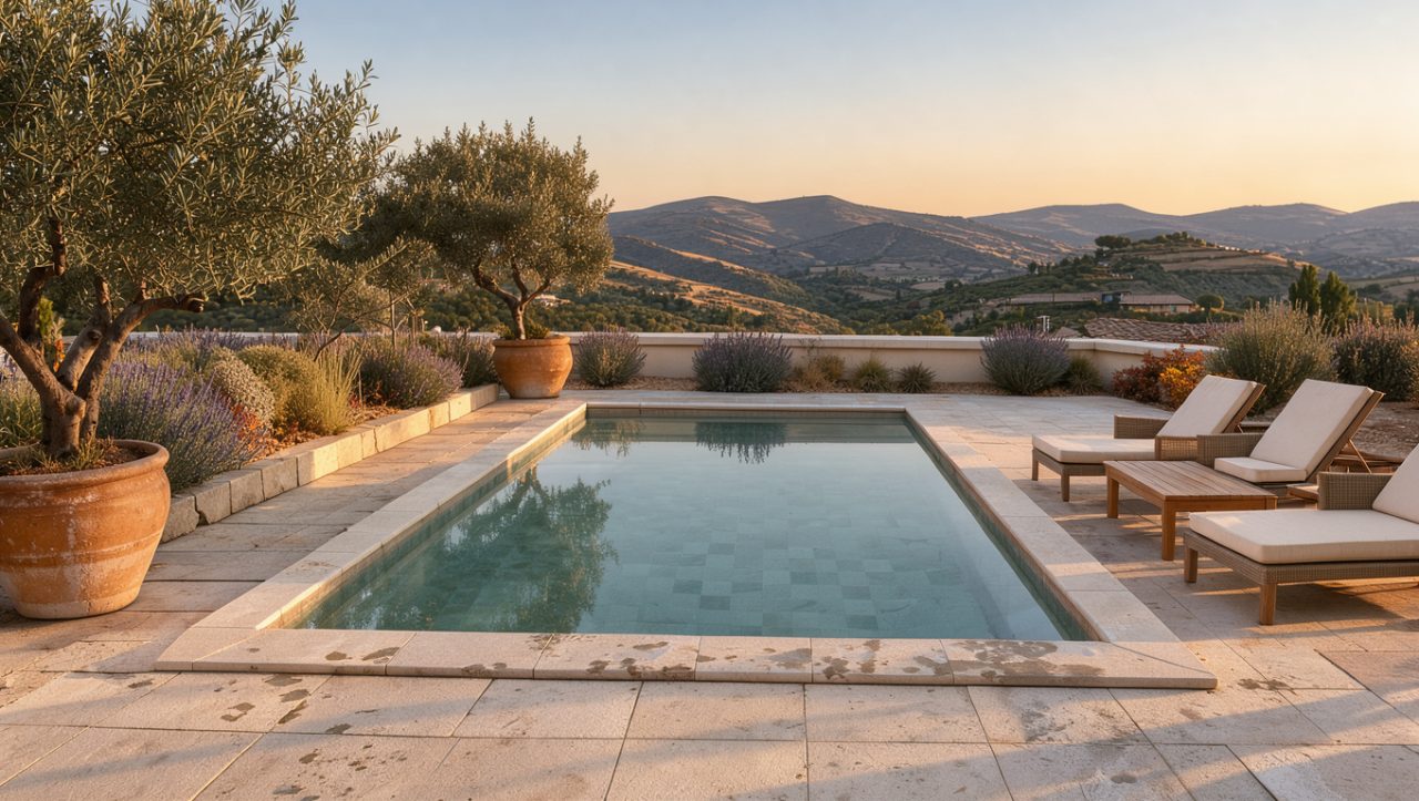 Terrasse élégante d’un hôtel haut de gamme en Occitanie au lever du soleil, avec un bassin de spa et des collines méditerranéennes en arrière-plan.