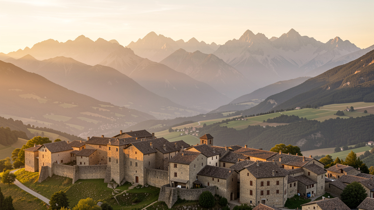 Vue panoramique de la vallée de l’Ariège au lever du jour, avec un village médiéval en pierre au premier plan et les sommets des Pyrénées à l’arrière-plan.